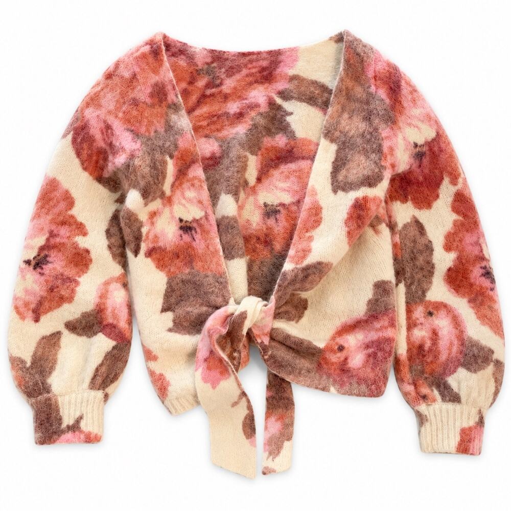Sézane La Maille Floral Mohair Wool Tie Front Cardigan Sweater XS
